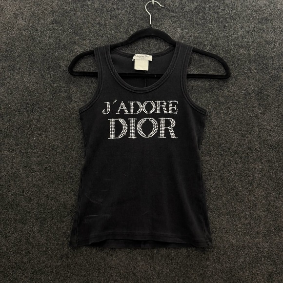 Christian Dior Tops - Christian Dior J'Adore Dior 1947 Rhinestone Ribbed Tank Top Black Y2K Vintage